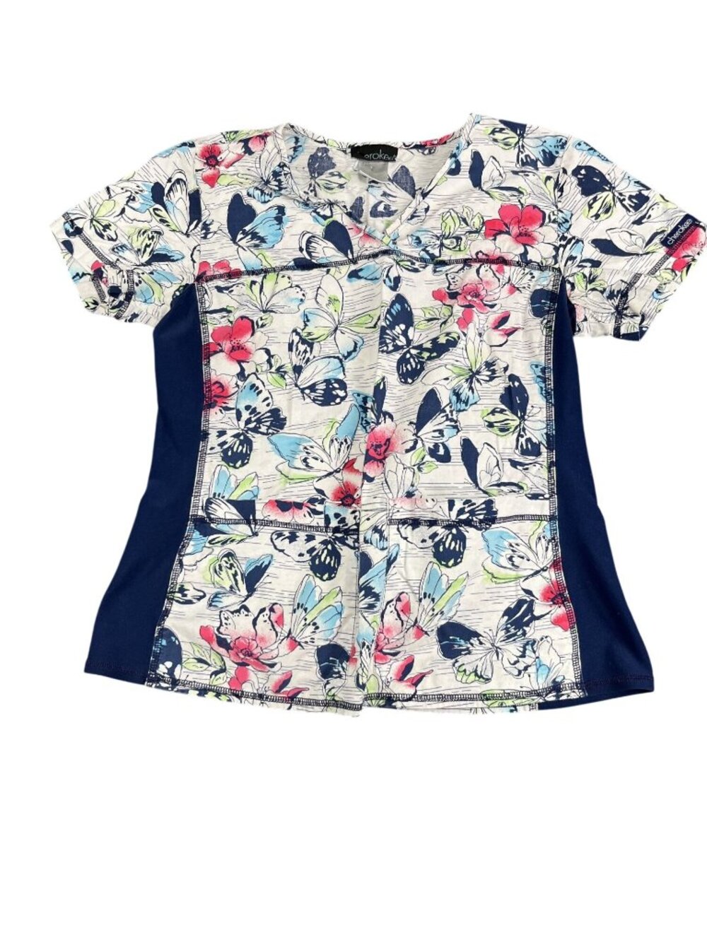Cherokee Womens Butterfly Floral Print V-Neck Scrub Top With Side Panels Size S